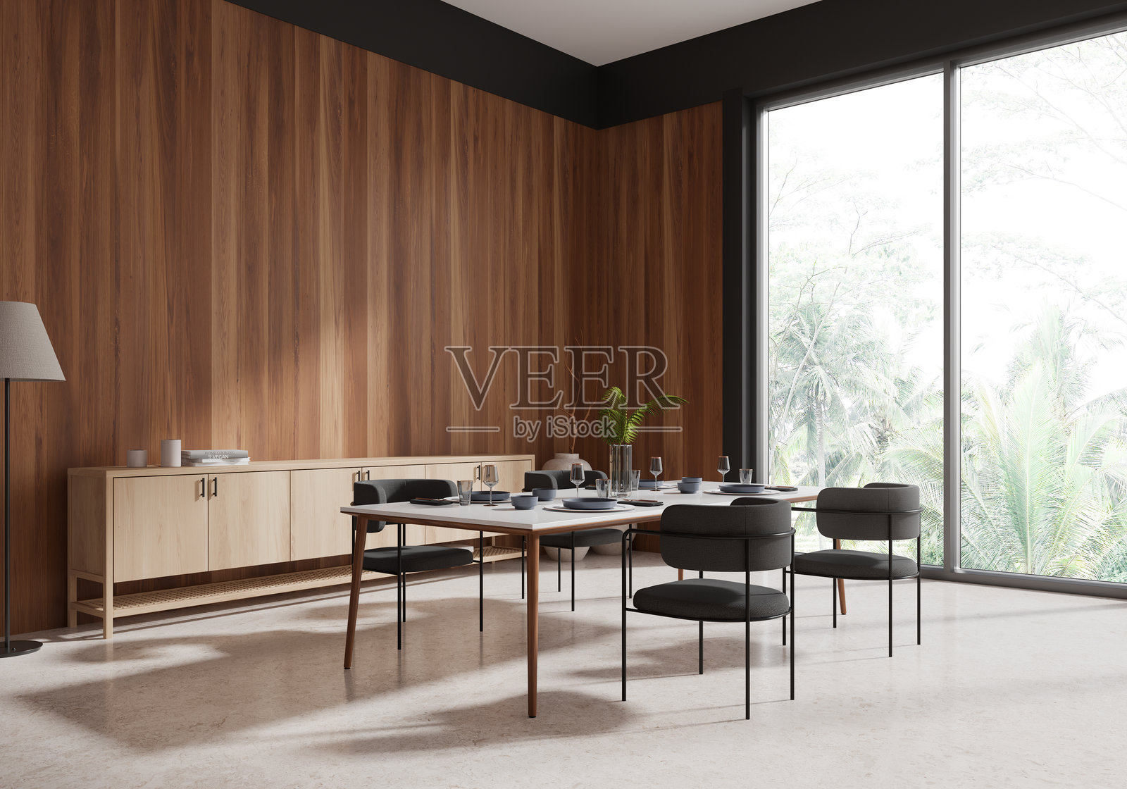 现代家居客厅室内，配有餐桌和椅子，落地窗景观照片摄影图片