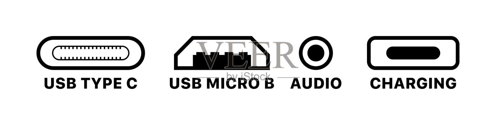 USB类型连接图标集。线性和轮廓风格。矢量图标。插画图片素材