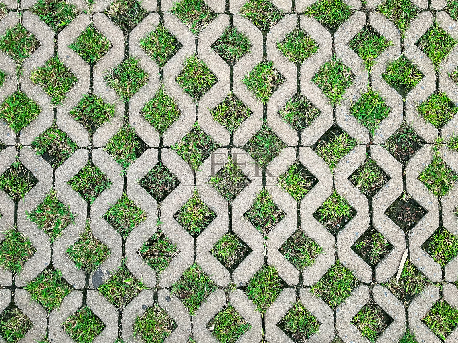 几何形状的混凝土水泥块，绿色草坪从缝隙中生长出来照片摄影图片