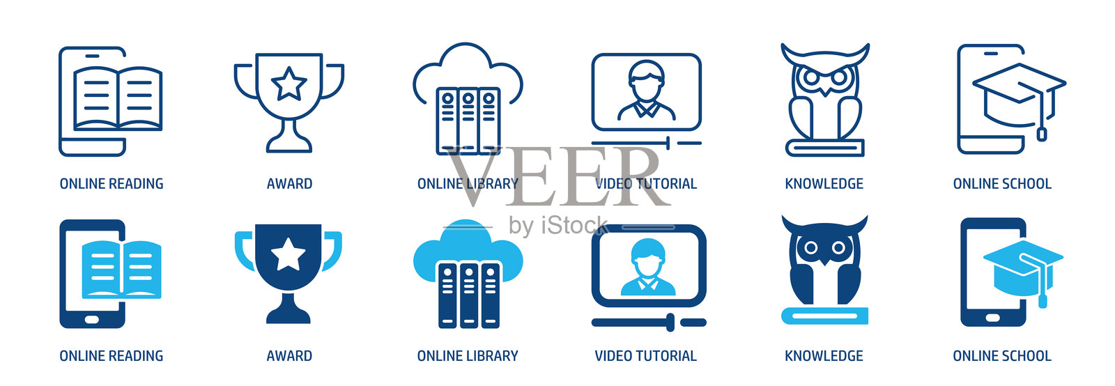 学校和电子学习线条及图形实心图标集合。极简图标和符号系列矢量插图插画图片素材