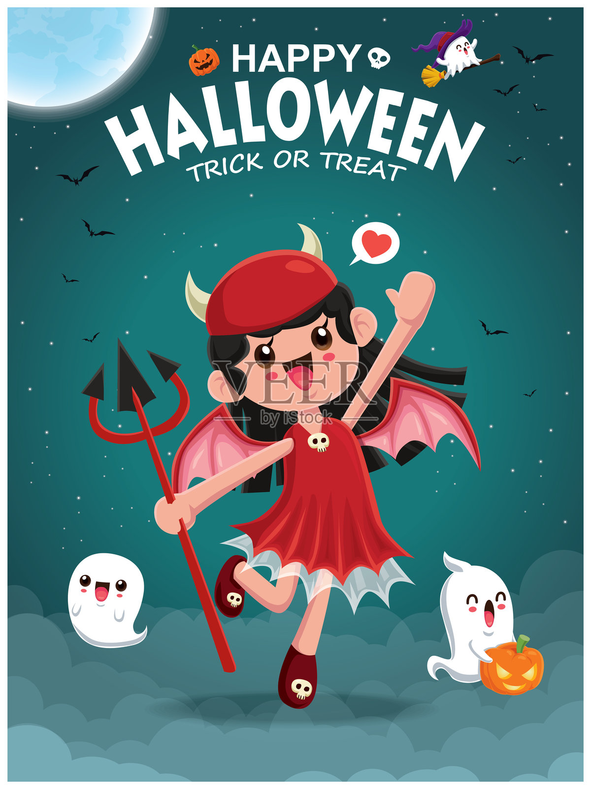 复古万圣节海报设计，包含矢量恶魔女孩和幽灵角色。插画图片素材