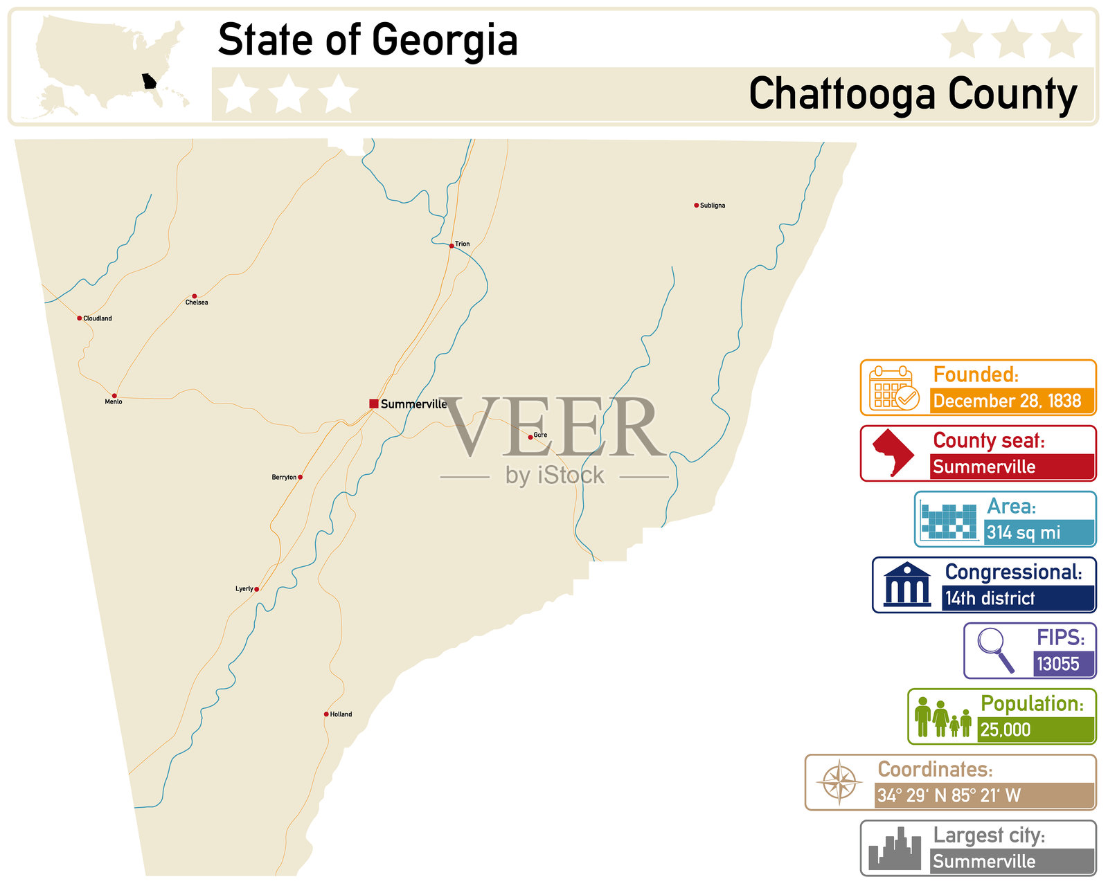 乔治亚州查图加县的详细信息图和地图。插画图片素材