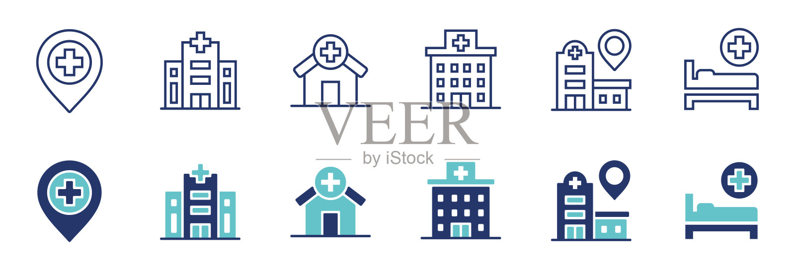 医院和诊所建筑图标矢量集，医疗保健建筑商业标志，医院建设插图插画图片素材