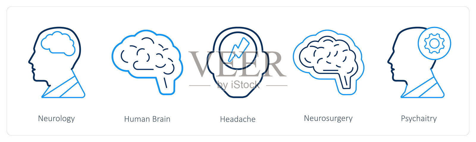 一组5个医学图标，包括神经学、人脑和头痛。插画图片素材