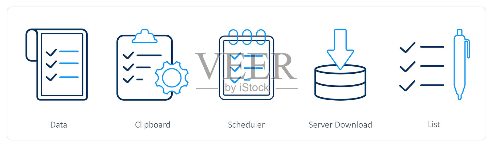 一组包含数据、剪贴板和日程安排的5个混合图标插画图片素材