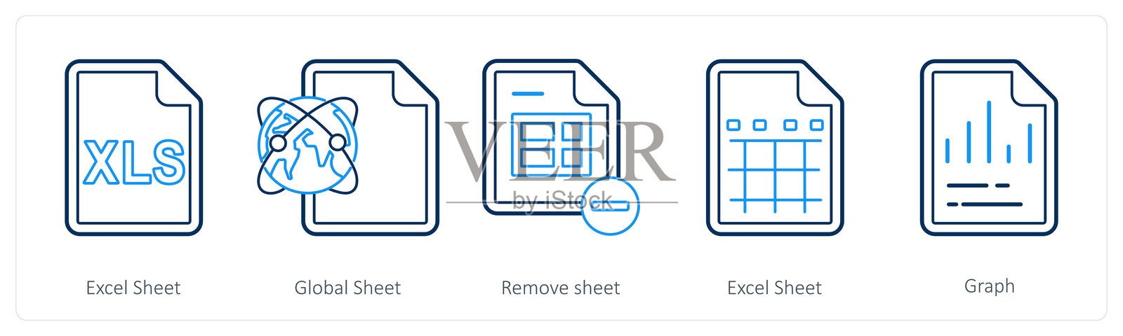 一组包含5个混合图标的图标，分别为Excel表格、全球表格和删除表格。插画图片素材