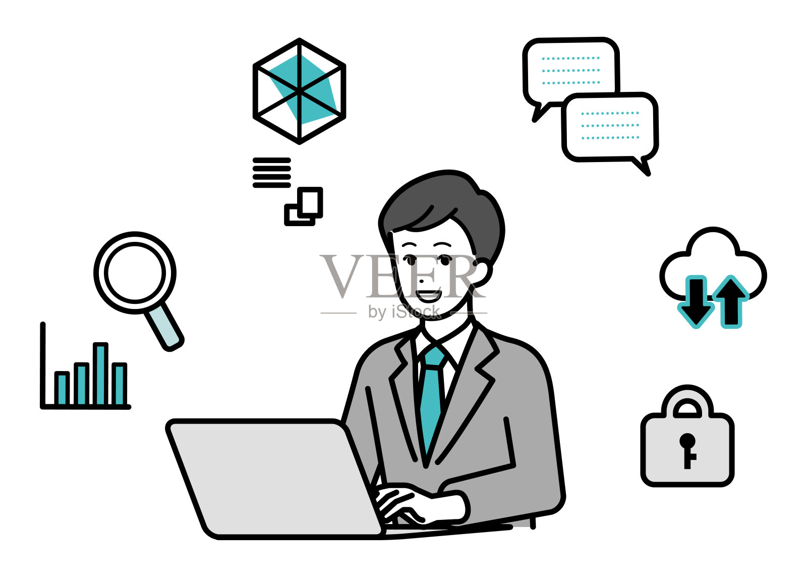 男性商务人士操作计算机的插图。插画图片素材