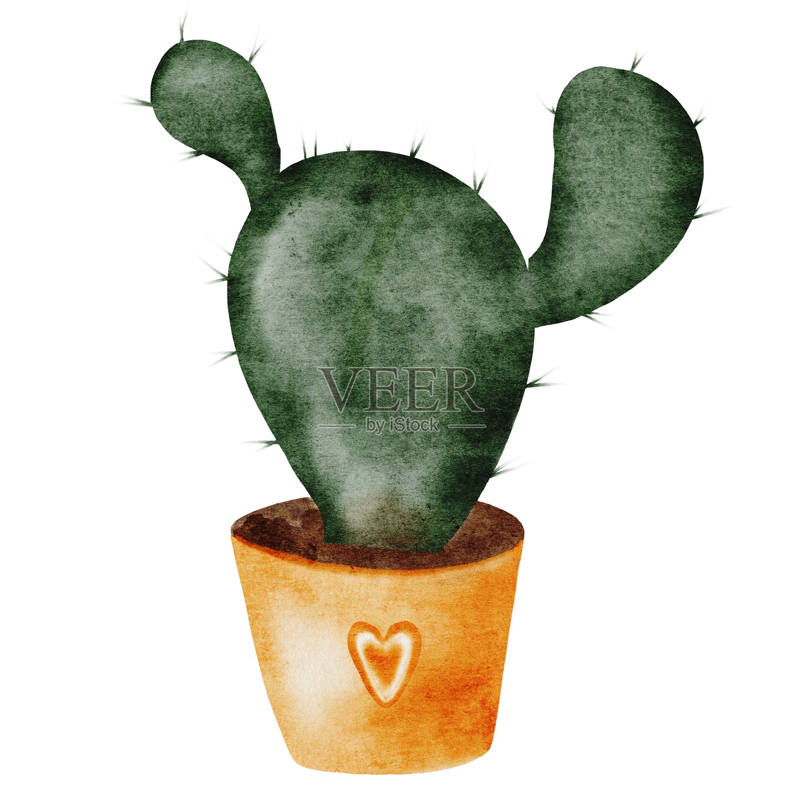 仙人掌卡通水彩画。可爱的盆栽植物手绘在孤立的白色背景上。天真风格的剪贴画植物。非常适合教育卡片和海报。插画图片素材