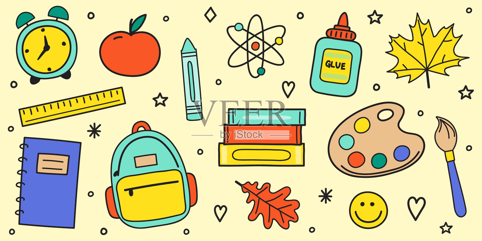 回到学校的手绘贴纸套装。文具图标。矢量插图插画图片素材
