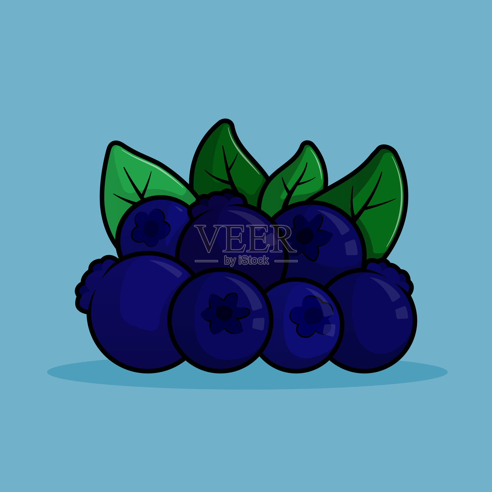 鲜艳的线条卡通插图，描绘刚采摘的新鲜蓝莓，适合农场到餐桌和零食插图使用插画图片素材