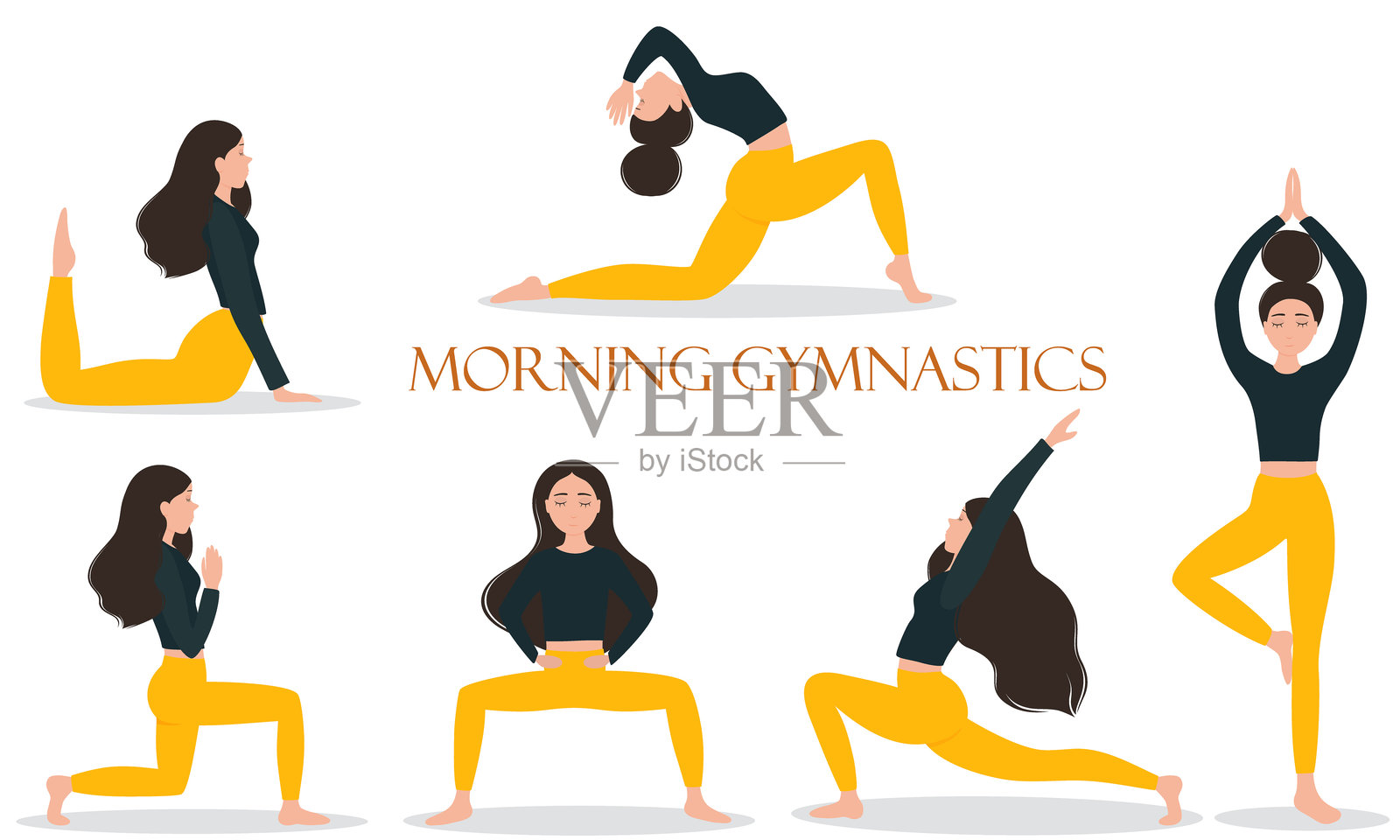 女孩在做瑜伽。一位女性正在进行身体锻炼。穿着T恤和紧身裤的女孩。插画图片素材