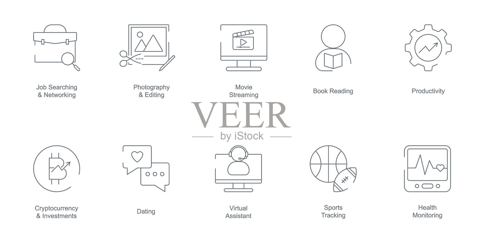 求职与社交网络、摄影与编辑、电影流媒体、阅读书籍、提高生产力、加密货币与投资、约会、虚拟助手、运动追踪移动应用图标插画图片素材