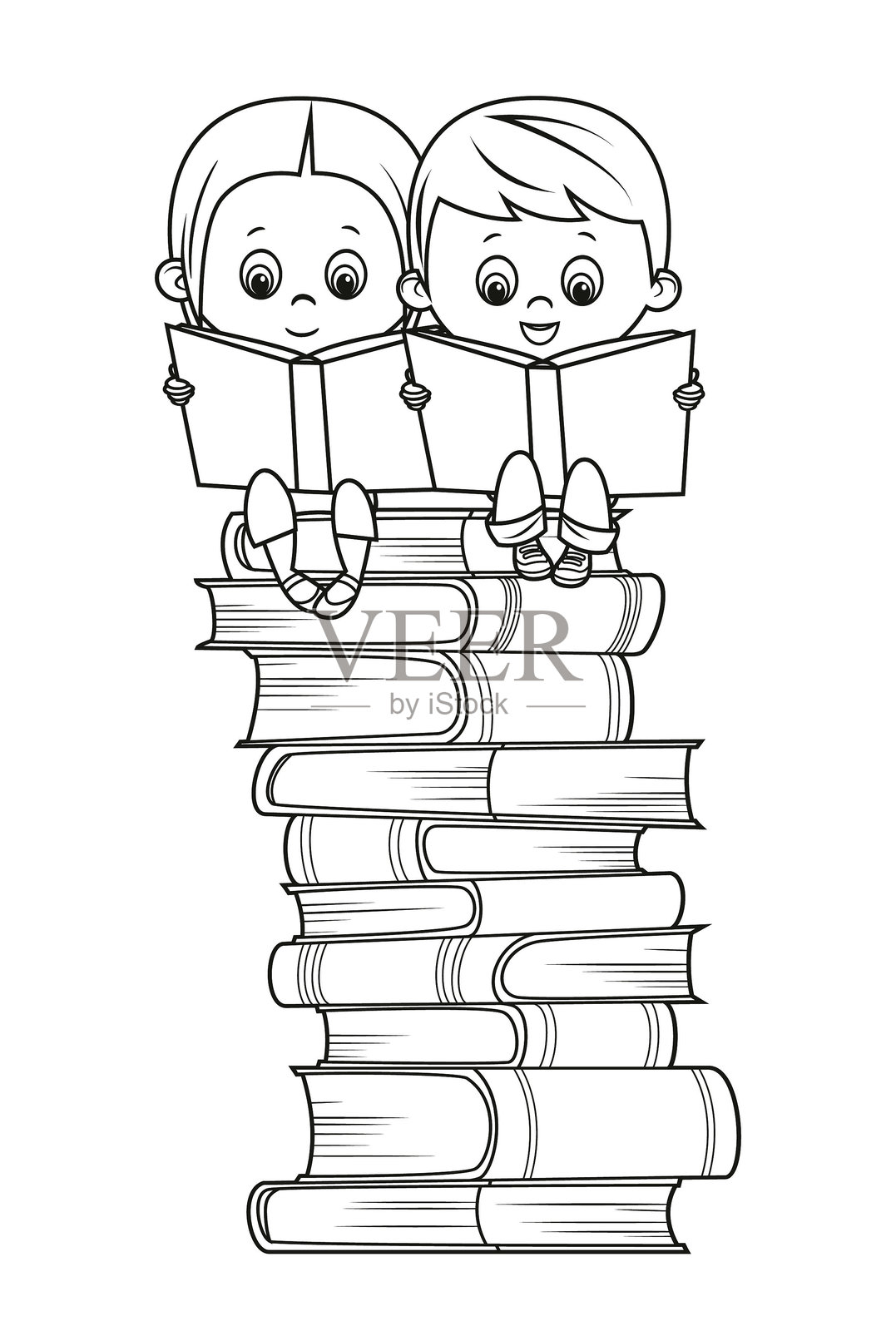 男孩和女孩坐在一堆书上阅读。插画图片素材