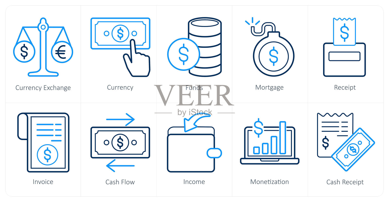 一组10个金融和货币图标，包括货币兑换、货币和资金。插画图片素材