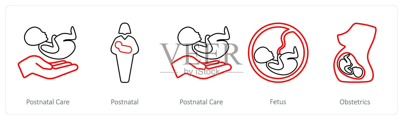 一组5个医学图标，主题为产后护理、产后、胎儿插画图片素材