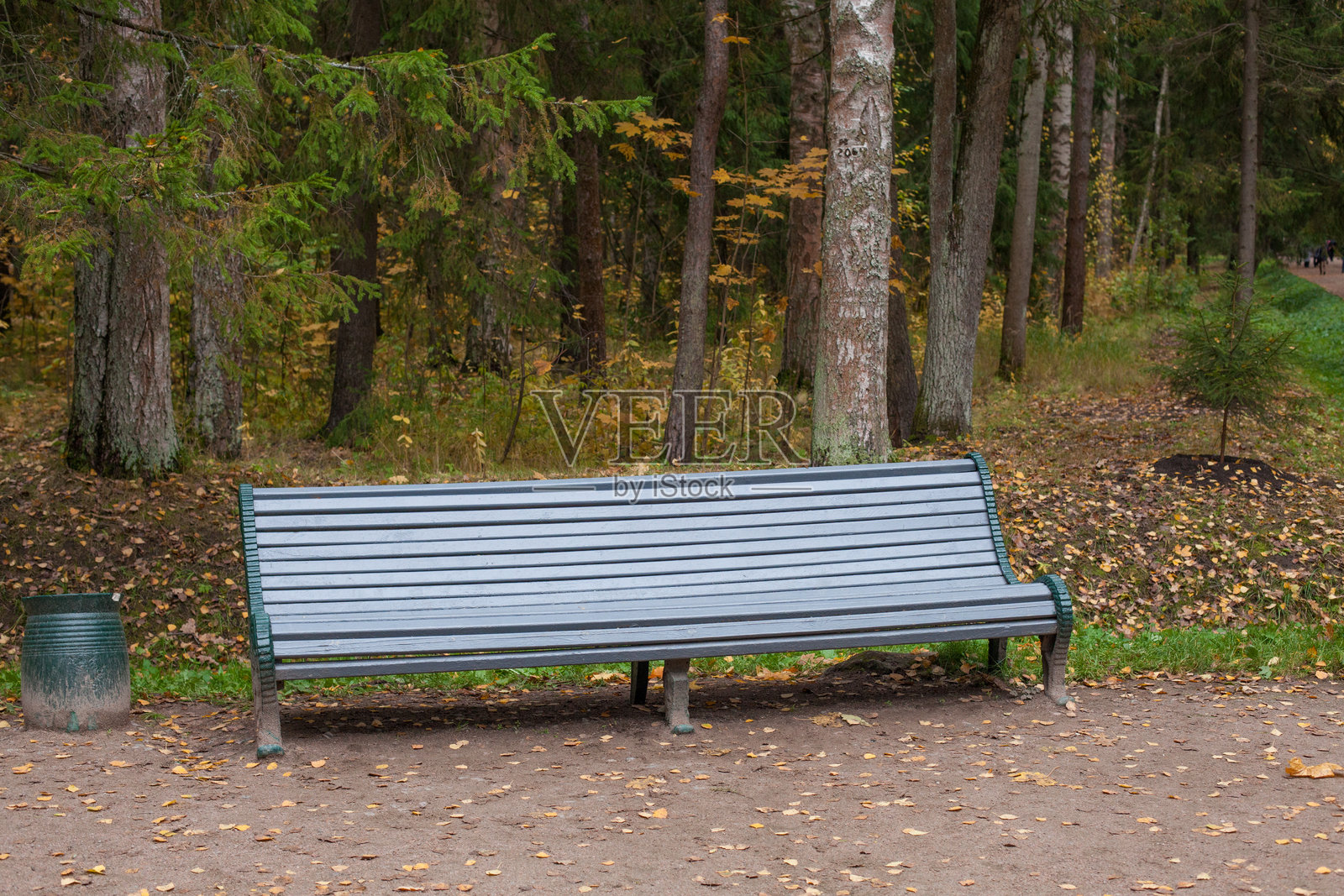 秋天公园里的空木长椅照片摄影图片