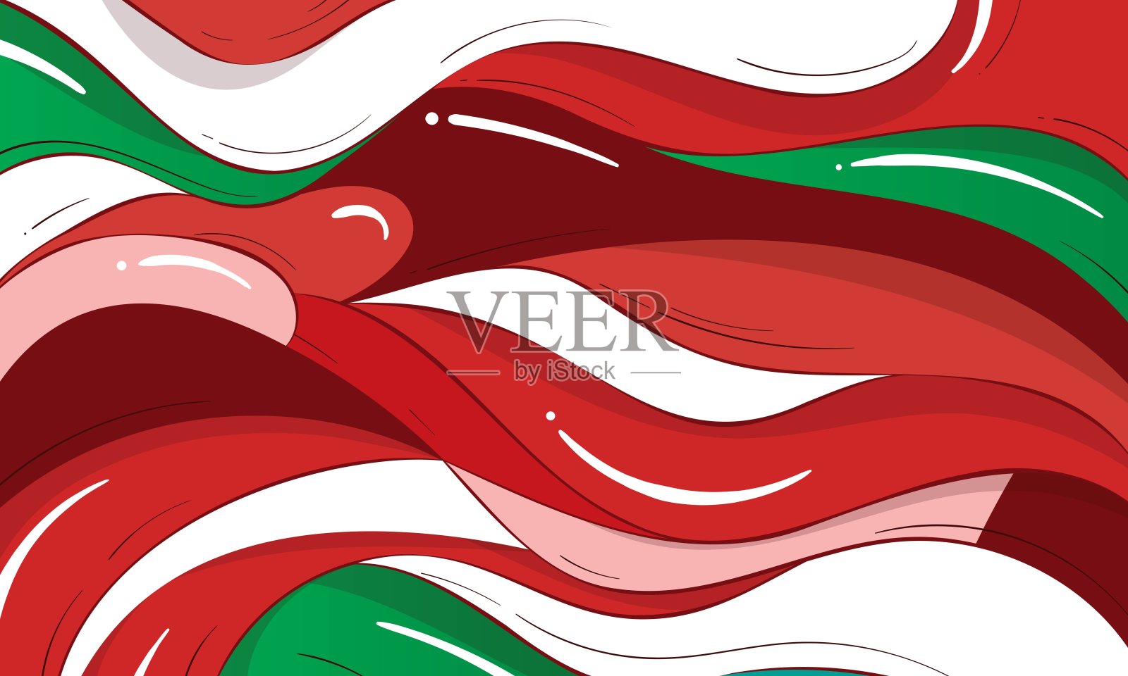 红色、白色和绿色背景，带有波浪形状的卡通设计插画图片素材