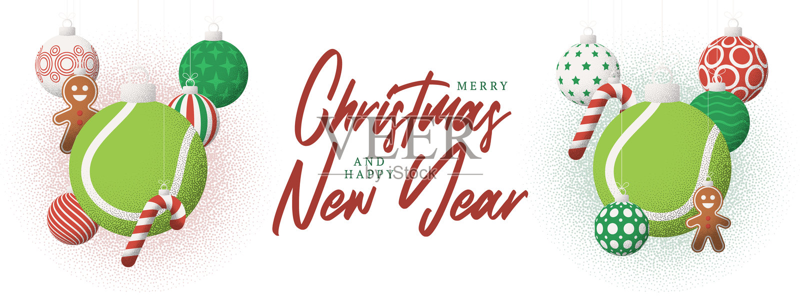 网球主题圣诞节复古贺卡：圣诞快乐新年好，悬挂的圣诞球装饰插画图片素材