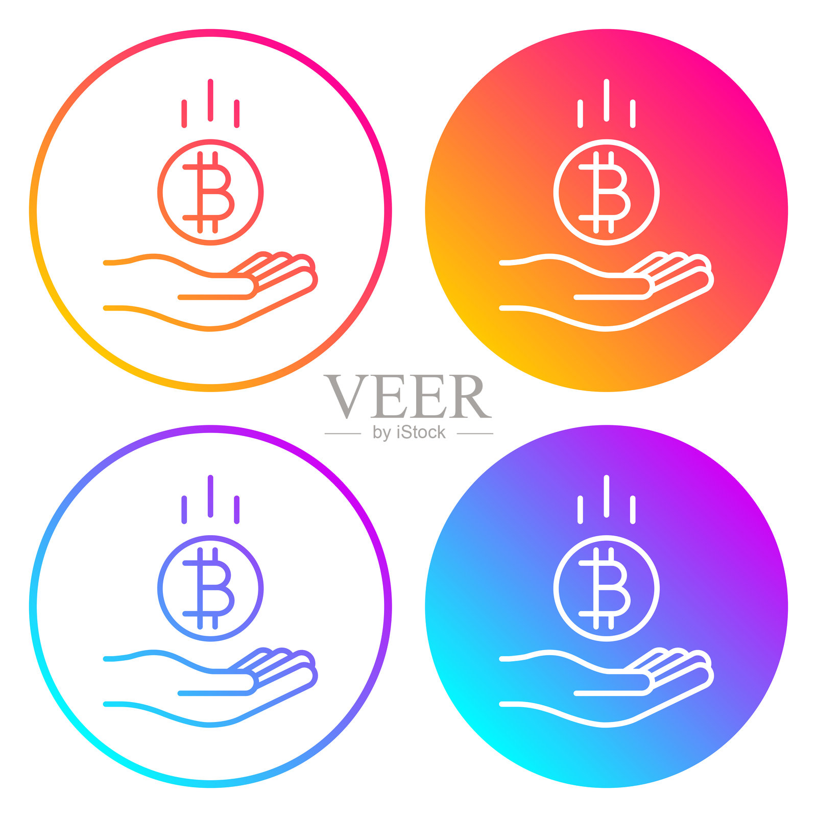 比特币硬币掉落在手中。带有渐变色的圆形图标插画图片素材