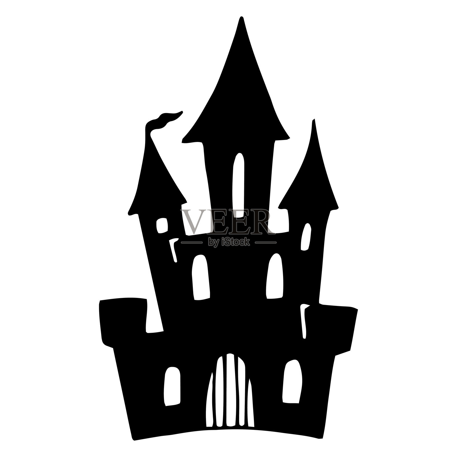 万圣节鬼屋剪影。黑白轮廓画。手绘图形剪贴画。带有大厦的线条插图，营造出阴森、可怕的氛围。简单涂鸦风格。插画图片素材