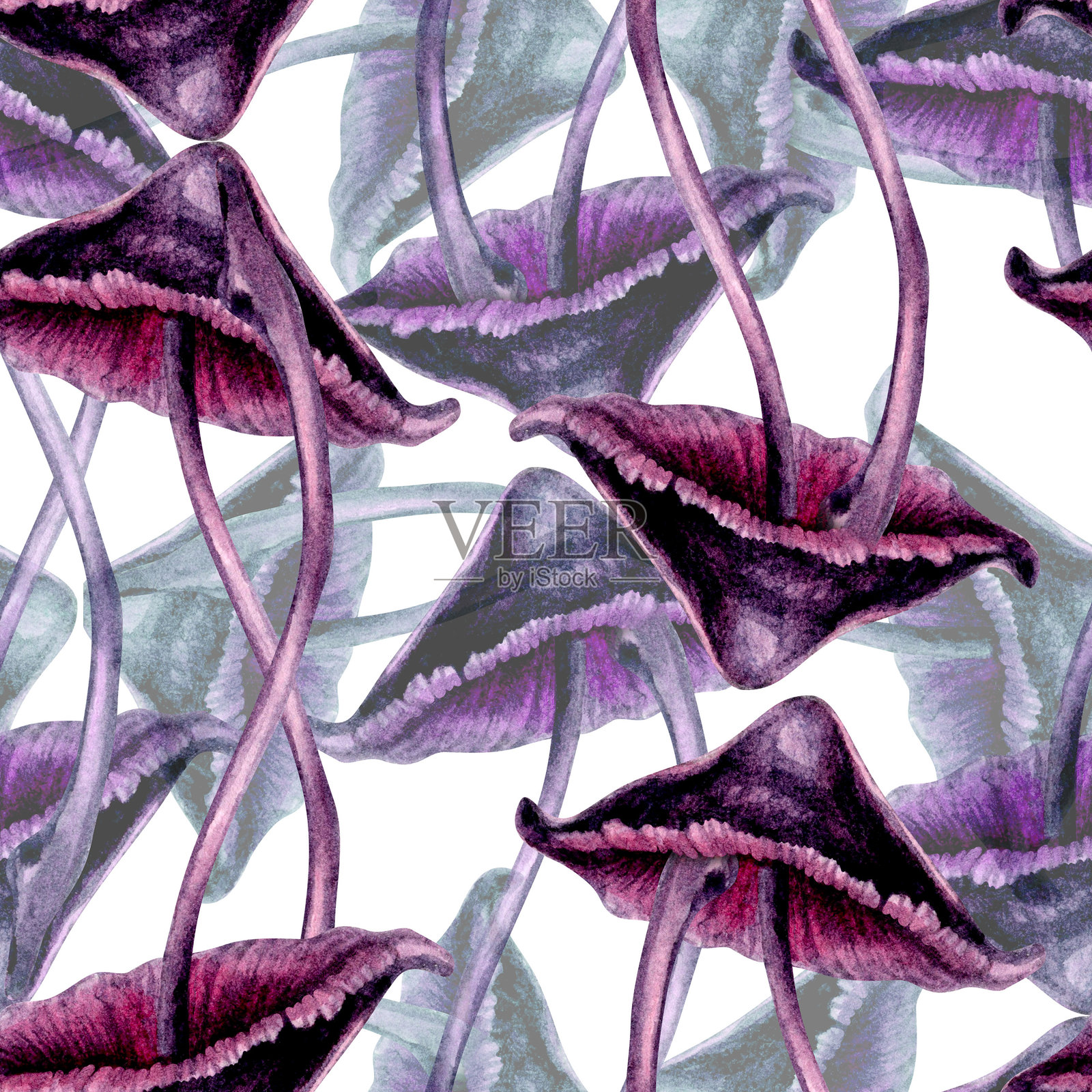 无缝图案，带有紫色毒蘑菇的绿色背景。水彩插图模板，适用于神秘学、巫术、万圣节：邀请函、菜单、广告、卡片、明信片。插画图片素材