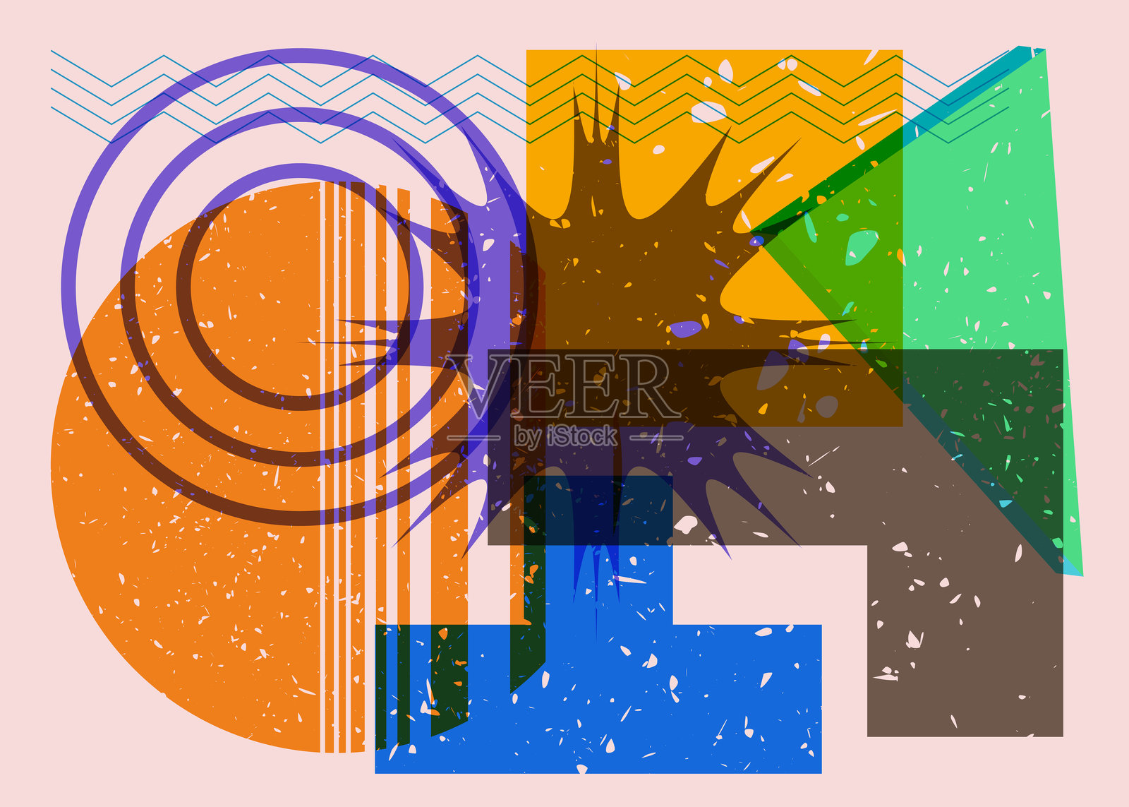 色彩丰富的几何形状。时尚的丝网印刷设计中的物体。几何元素的抽象丝网印刷纹理风格。插画图片素材