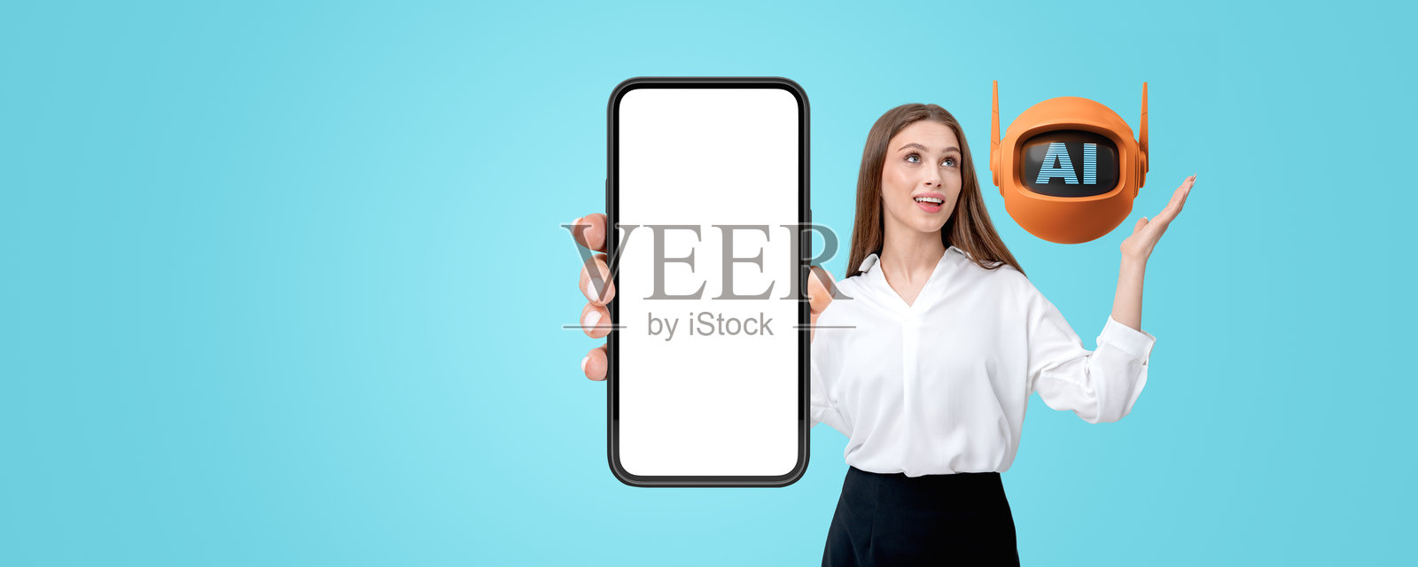 手持手机展示的女商人，人工智能助手照片摄影图片