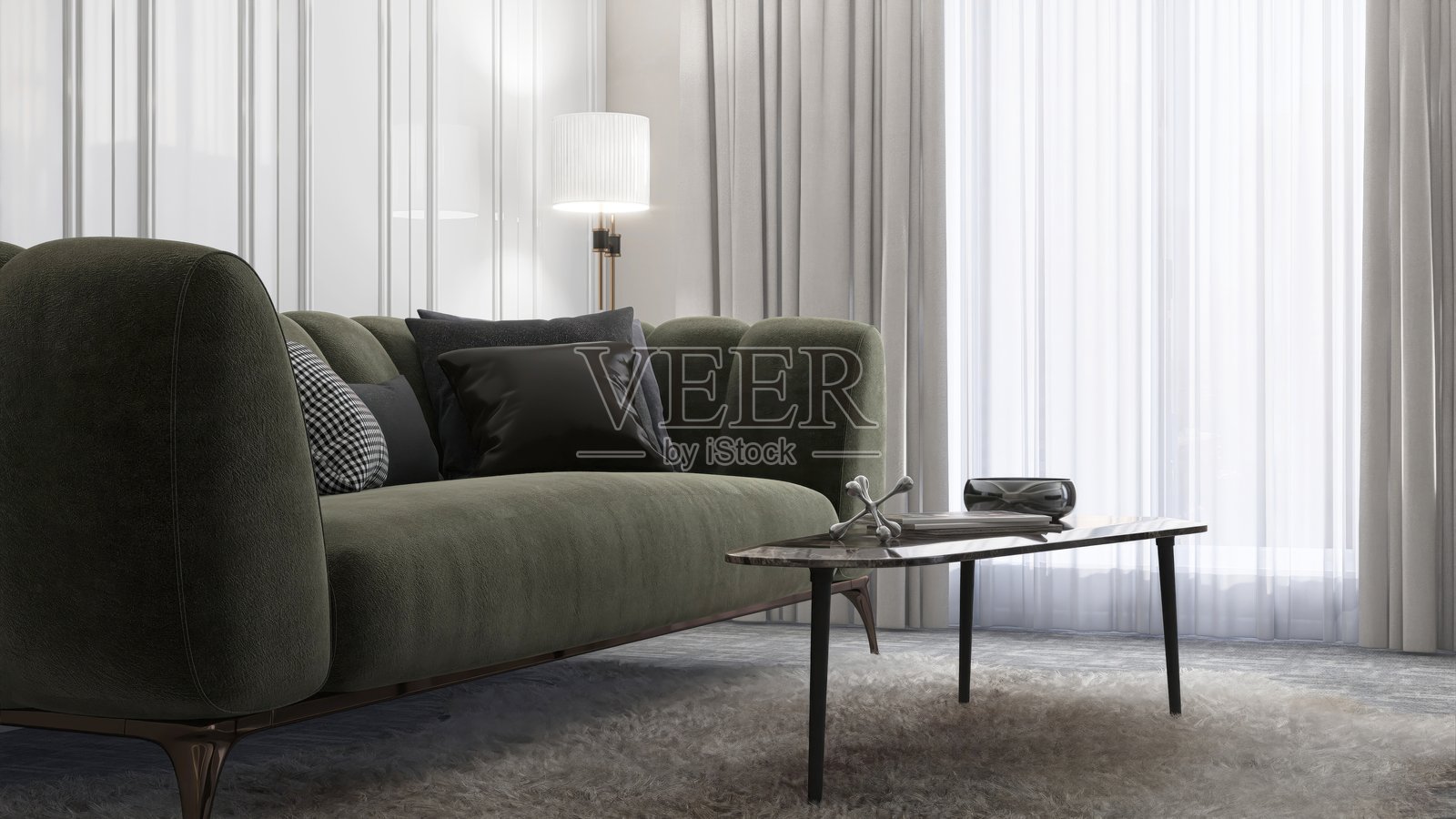 灰色沙发配靠垫，咖啡桌放在长毛地毯上，落地灯照亮奢华复古的中世纪风格客厅，阳光洒在白色护墙板上，适合室内设计装饰和产品背景3D。照片摄影图片