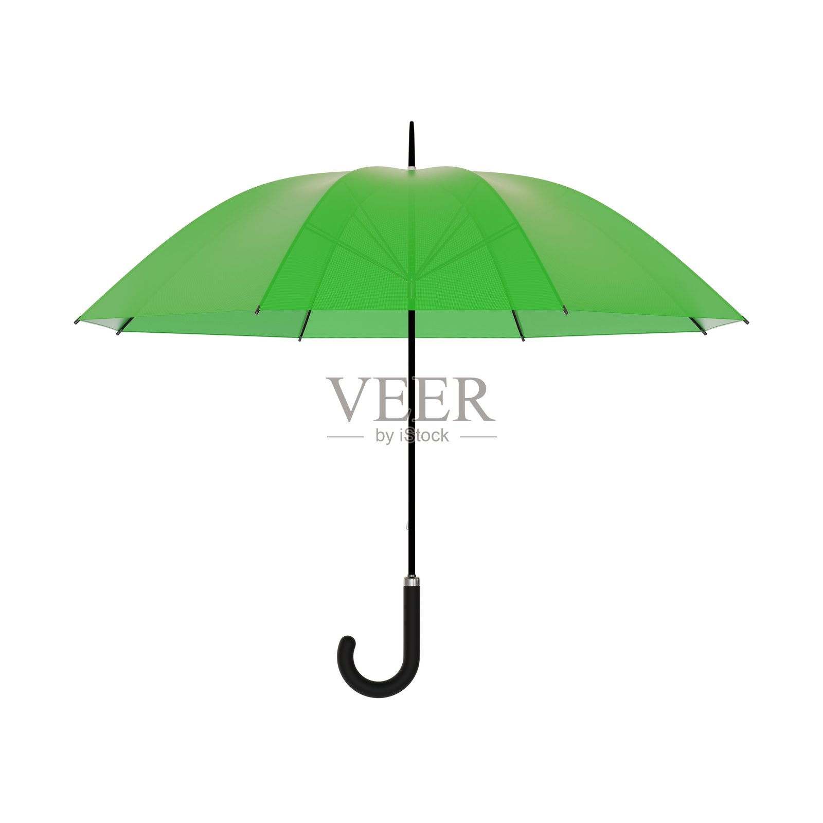 绿色的开伞，黑色手柄，孤立在白色背景上照片摄影图片