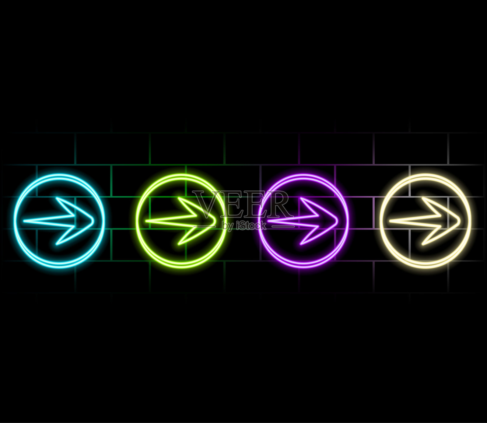 一组发光的霓虹灯箭头。在砖墙背景上发光的霓虹灯箭头。带有红色、黄色、紫色和蓝色的明亮霓虹灯管的复古招牌。向量插画图片素材