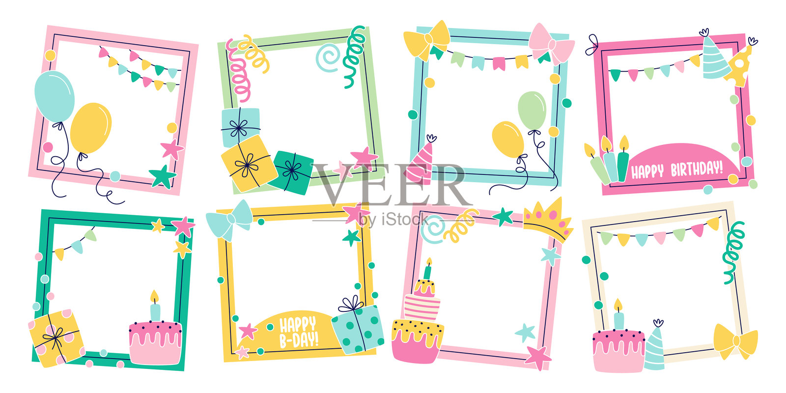 生日派对快乐框架和卡片模板集可爱的节日创意涂鸦图案插画图片素材