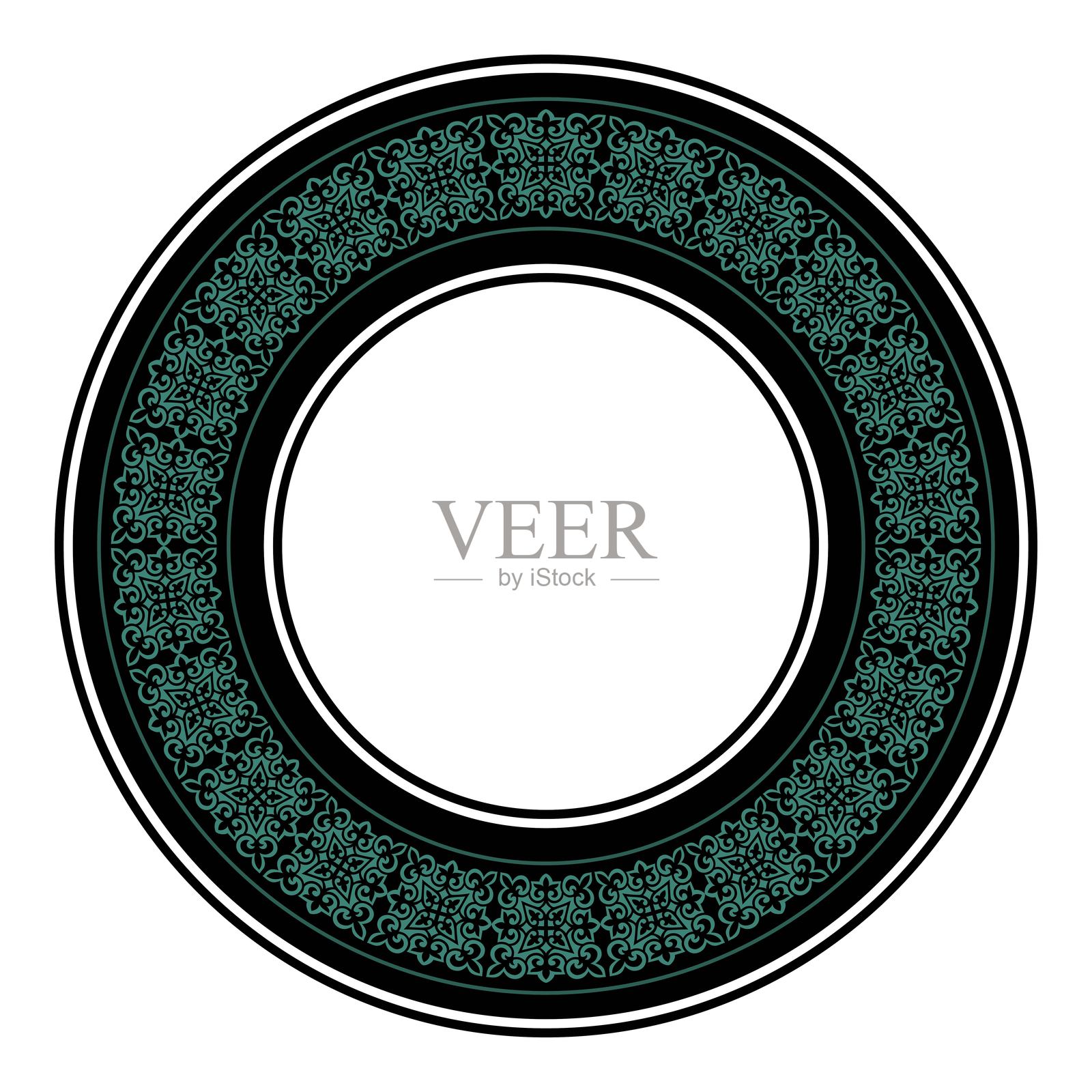 黑绿色伊斯兰亚洲国家圆形装饰品。中亚的传统装饰品，用于装饰衣服和蒙古包。游牧民族的装饰。哈萨克花纹框、边、装饰点缀。插画图片素材