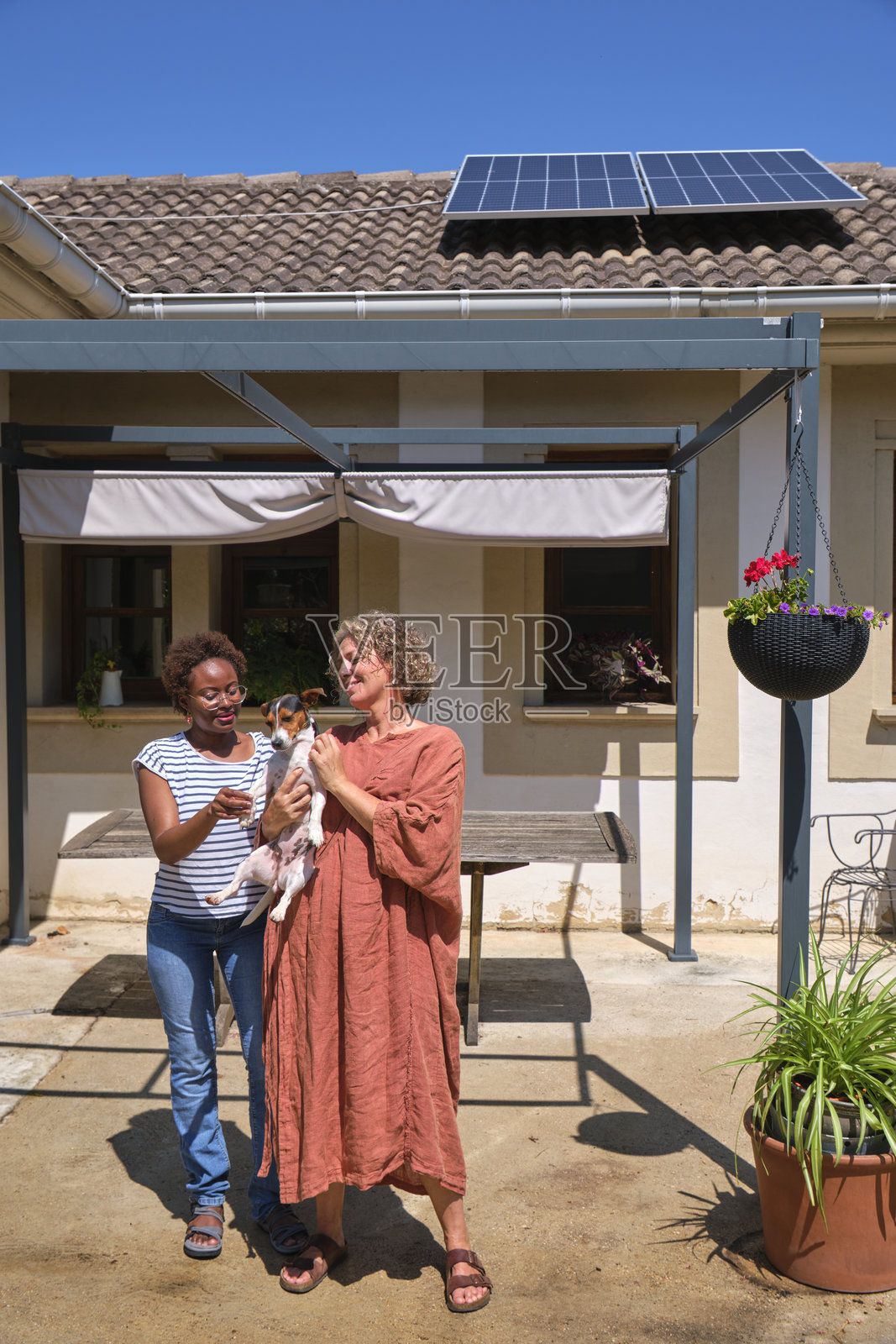 两个女人在阳光明媚的后院抱着一只小狗照片摄影图片
