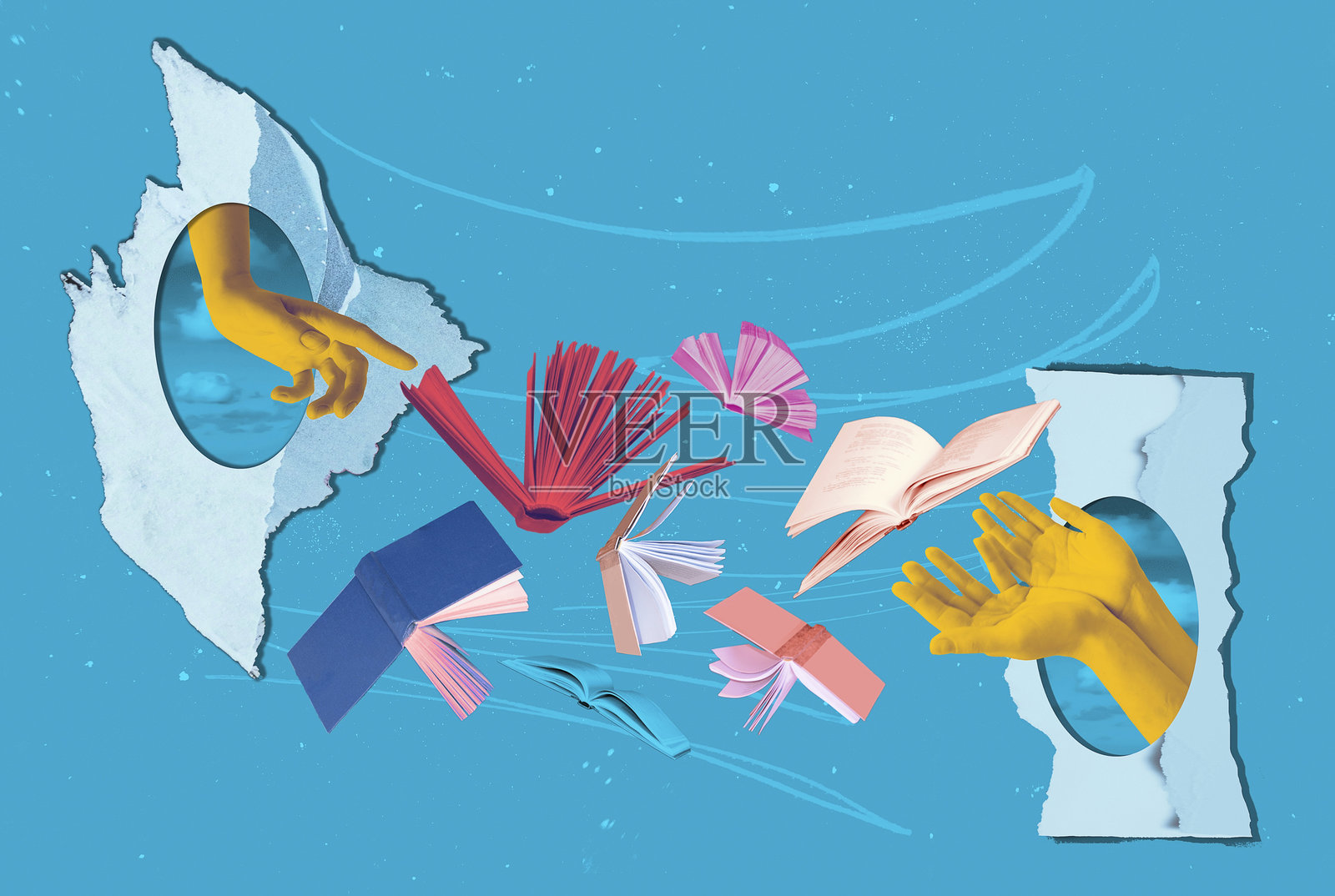 人类的手和打开的书籍在抽象的背景。当代艺术拼贴。观教育，读书，识知识照片摄影图片