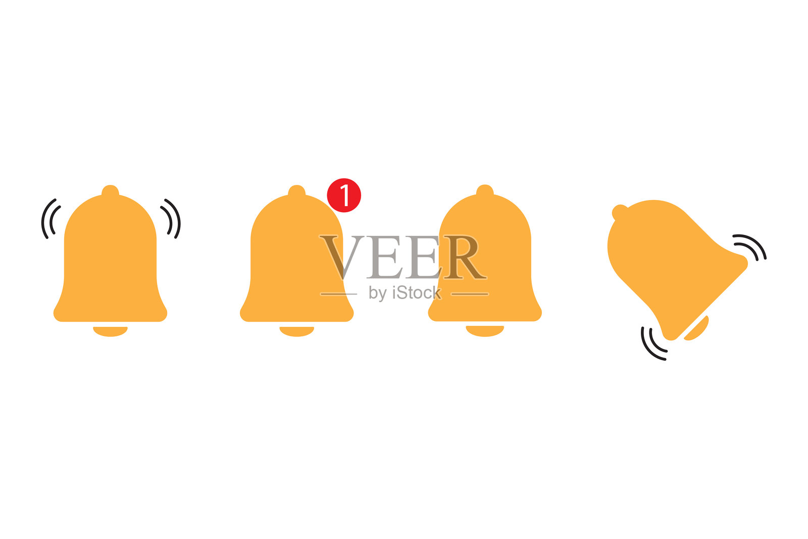 通知铃声图标。黄色钟形插图。一个红色警报号码。四个不同的州。插画图片素材