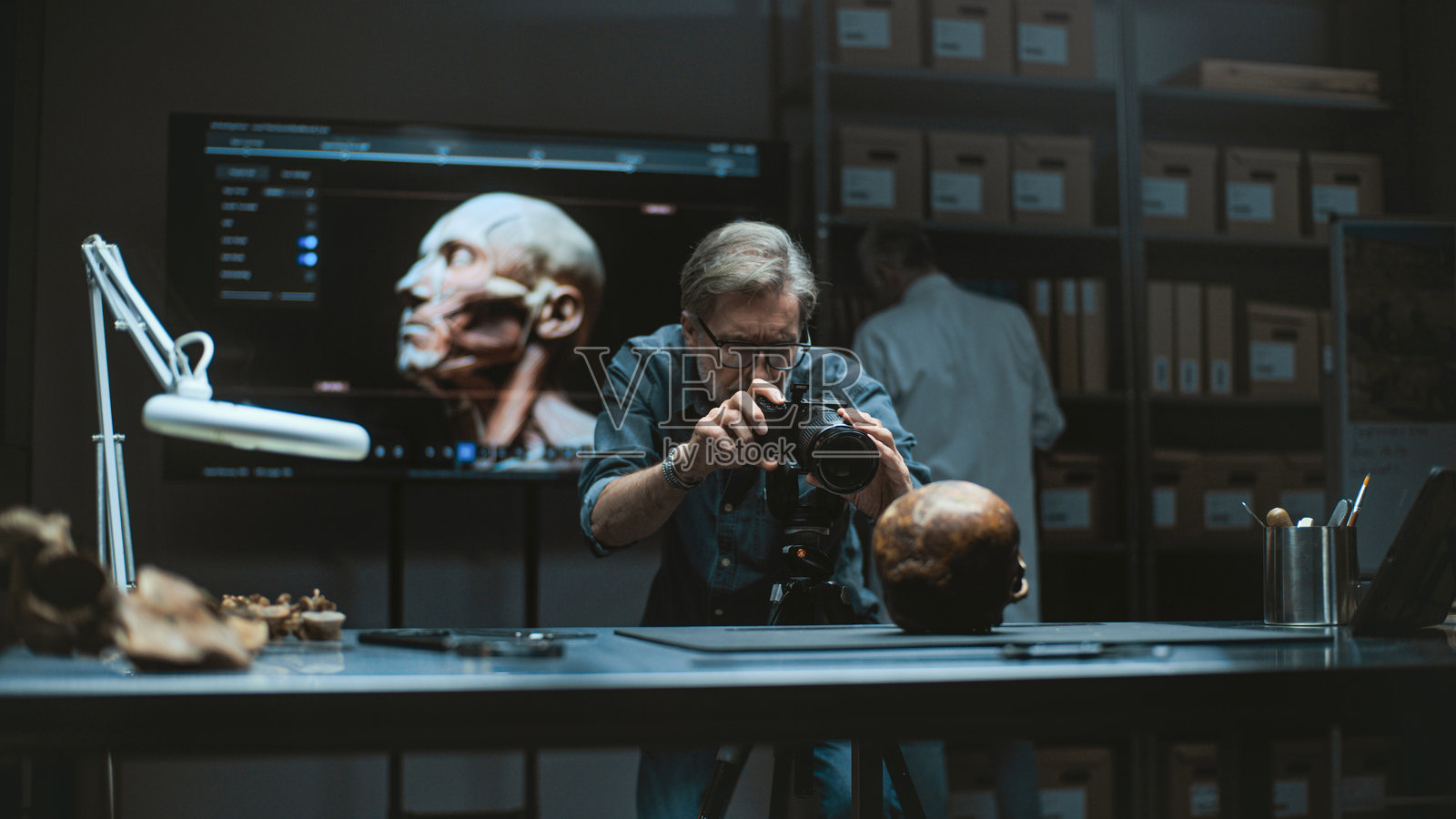 成熟的考古学家用相机拍摄史前人类头骨照片摄影图片