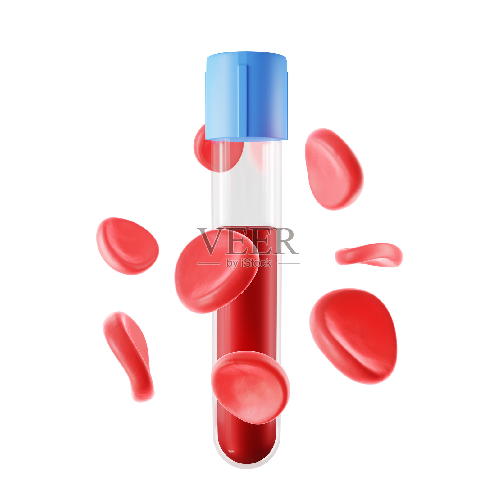 在白色背景上分离出血细胞的玻璃试管照片摄影图片