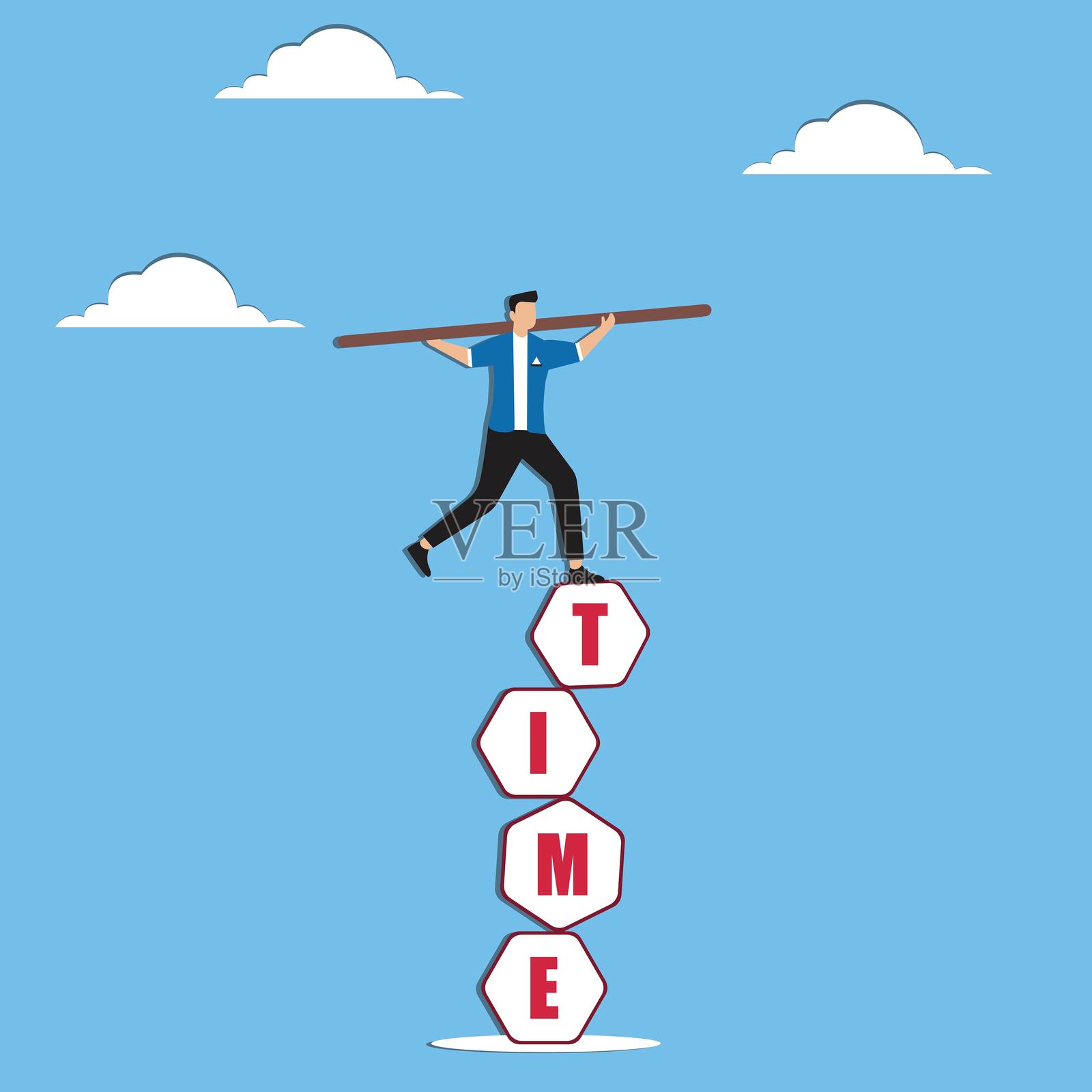 人在刻有时间的立方体上保持平衡插画图片素材