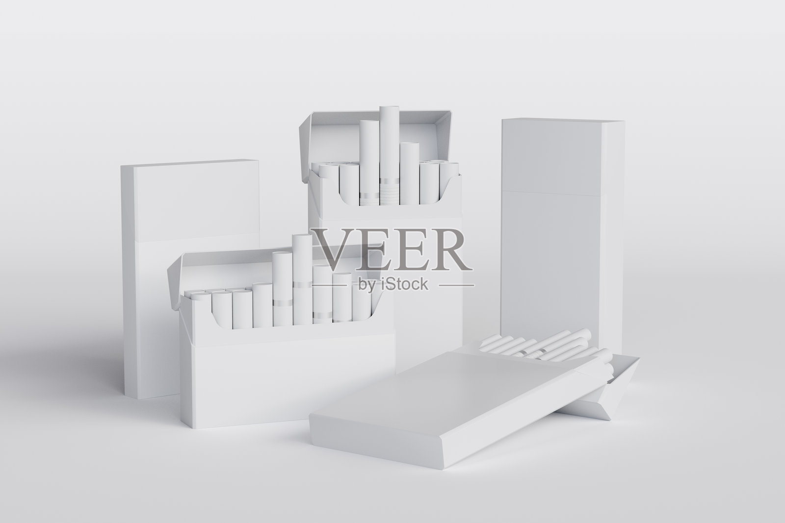 浅灰色背景上的各种香烟包装模型照片摄影图片