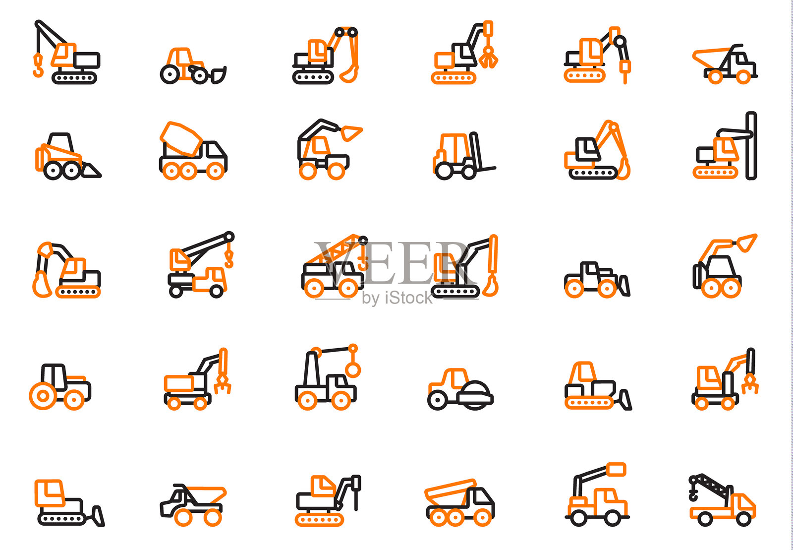 重型工程机械图标设置在黑色和橙色，可编辑的笔触，矢量插图插画图片素材