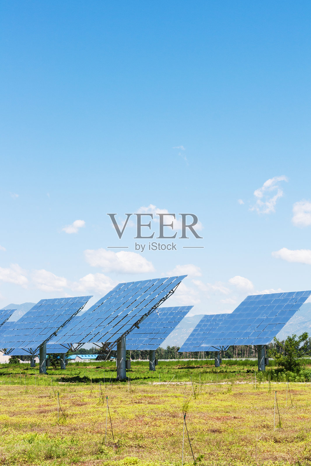 草地上光伏太阳能发电站照片摄影图片