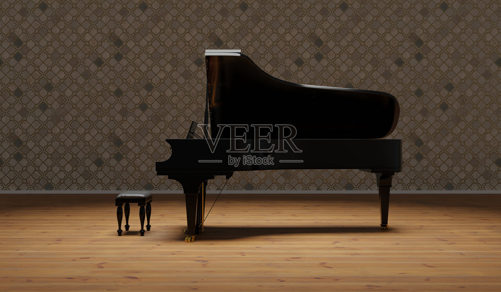 礼堂内木质音乐会舞台的建筑细节，配有黑色大钢琴。钢琴上有灯光。3D插图。照片摄影图片