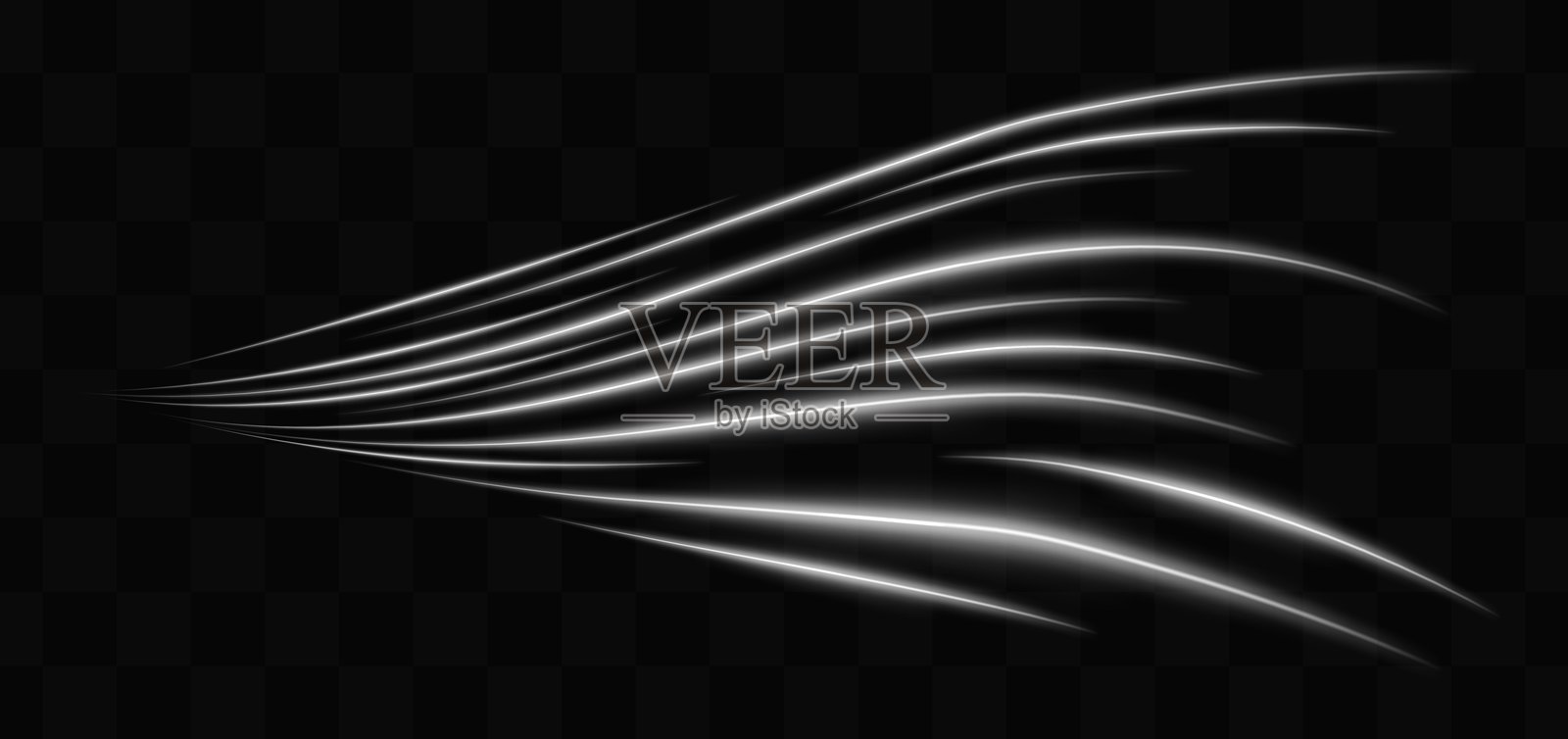 曲线白色霓虹灯效应，孤立于黑色背景上。流动的波浪状发光线条，具有抽象设计。反射光的图形斑块。镜头光晕。矢量插图。插画图片素材