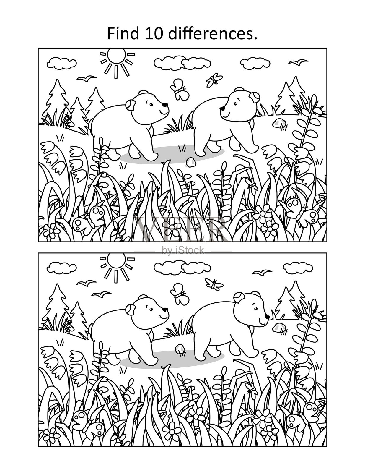 夏季小熊仔探索世界的找不同游戏和涂色页插画图片素材