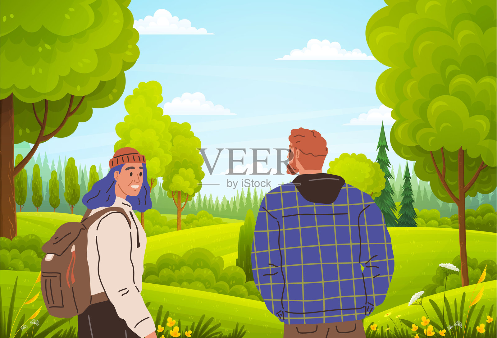 快乐的人们在公园里享受闲暇时光。家庭、朋友和情侣在可爱的花园里散步。插画图片素材