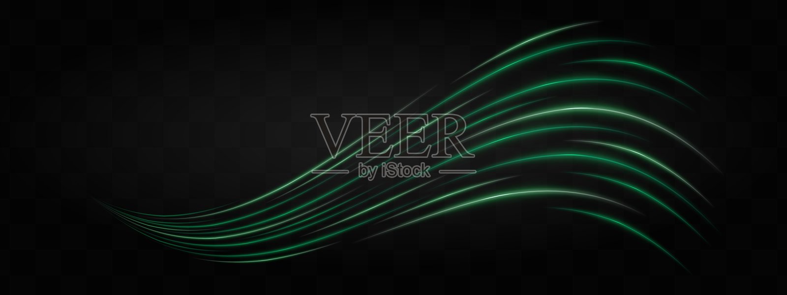 曲线绿色霓虹灯效应，孤立于黑色背景上。明亮发光的霓虹条纹伴随镜头光晕。反射光的图形斑块。抽象光线。矢量插图。插画图片素材