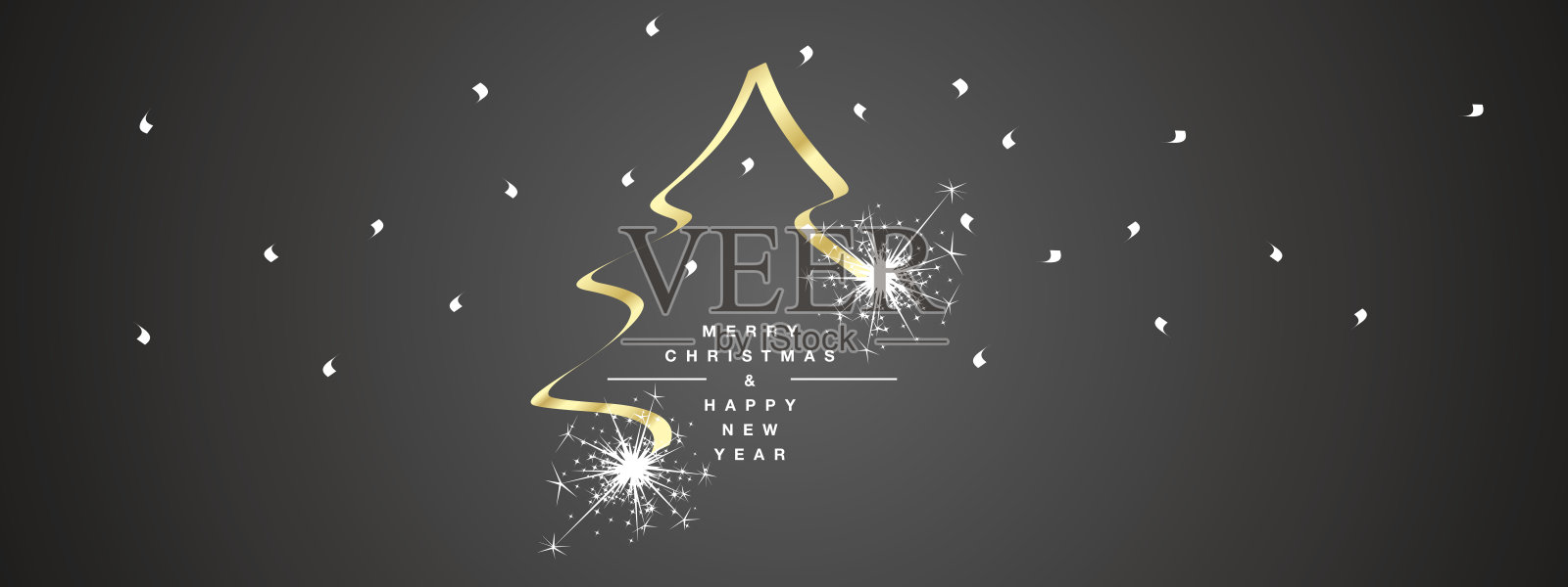 圣诞快乐丝带形状的手写书法，圣诞树和雪花，金色光芒，白色黑色背景，简约设计贺卡插画图片素材