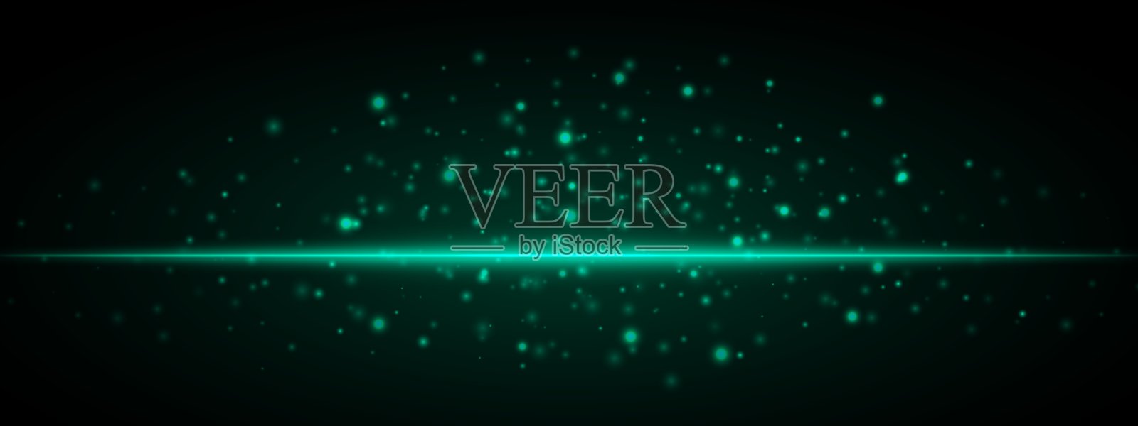 在黑色背景上孤立的水平绿色光效。带有明亮发光线条和闪烁颗粒的霓虹条纹。抽象光线。矢量插图。插画图片素材