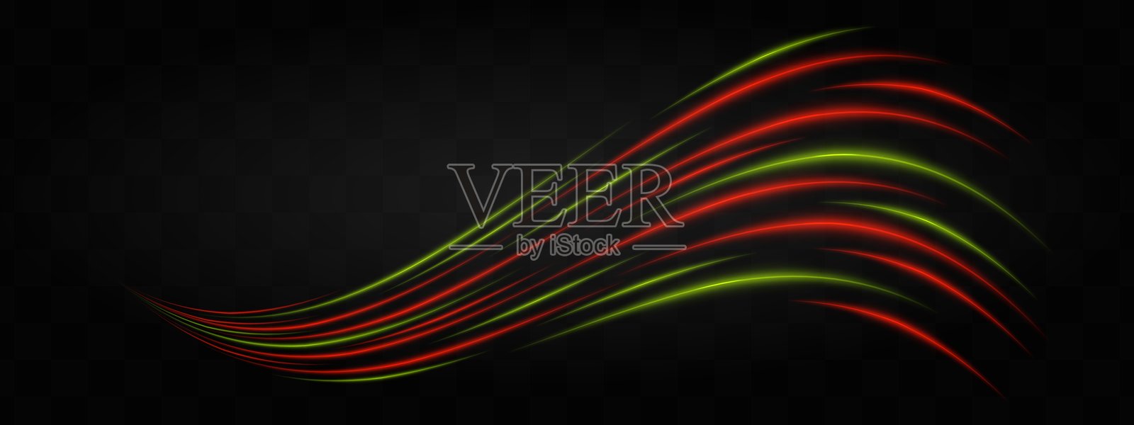 曲线红色和绿色霓虹灯效应，孤立在黑色背景上。明亮的发光霓虹条纹伴随镜头光晕。反射光的图形斑块。抽象光线。矢量插图。插画图片素材