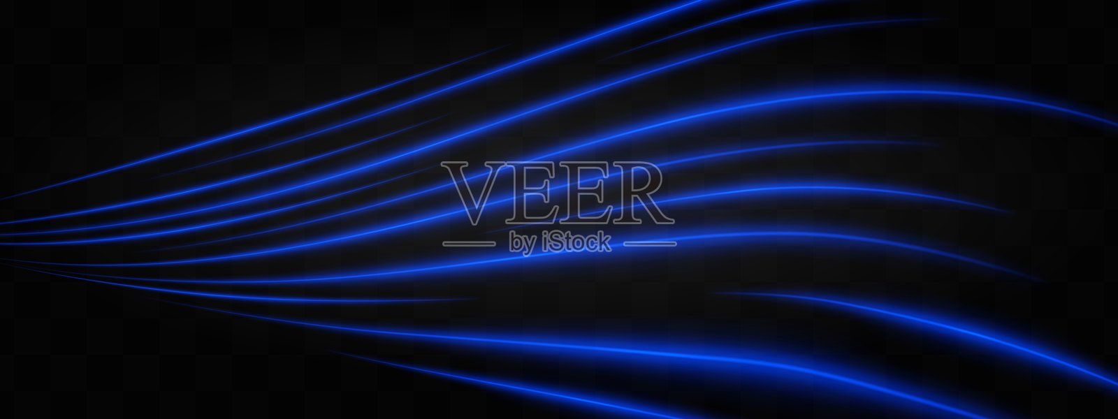 曲线蓝色霓虹灯光效应，孤立于黑色背景上。明亮发光的霓虹波纹条纹，带有镜头光晕。反射光的图形斑块。抽象光线。矢量插图。插画图片素材
